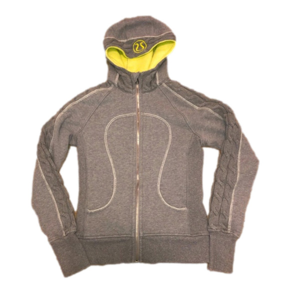 LULULEMON Gray Limited Edition Cable-Knit Scuba Hoodie Neon Yellow Sz Small (?) - Picture 1 of 10